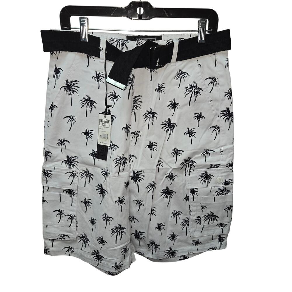 Brooklyn Xpress Belted Cargo Shorts Mens 32 White Palm Tree Print NWT